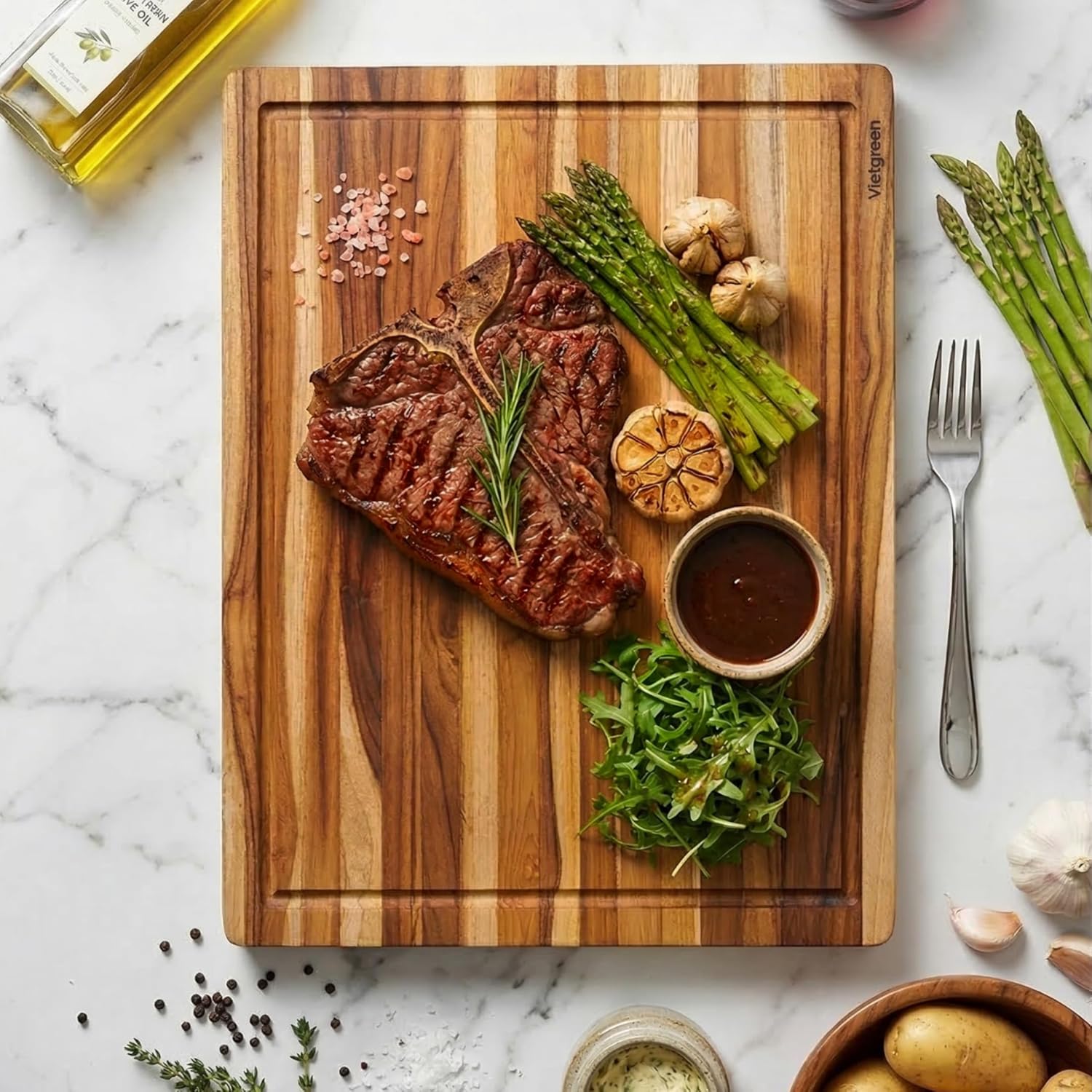 Teak Wood Cutting Boards for Kitchen, [18 x 14 x 1.25] Medium Wooden Cutting Boards, Knife Friendly Butcher Block Cutting Board with Deep Juice Grooves and Built in Handle